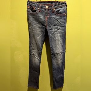 True Religion, size 16, blue wash with red sewing. Like new. No tears/rips